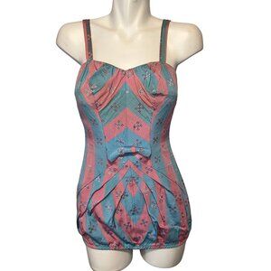 Vtg 50s 60s Pink Blue One Piece Swimsuit Bathing Suit Rockabilly Womens Size S